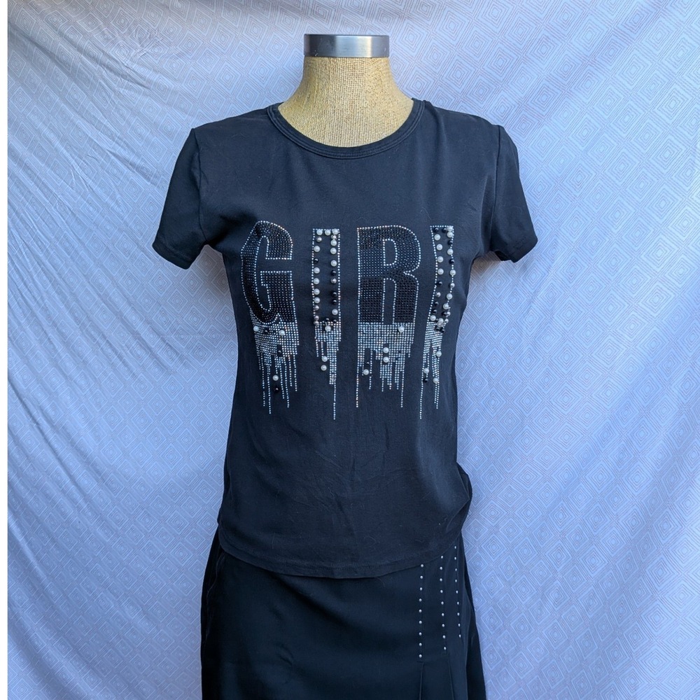 Finity Sleeveless Knit Top Women Black Excellent Rhinestone Contrast Trim M